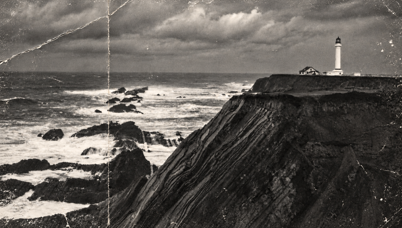 A lighthouse above rugged coastal cliffs and breaking surf, with a worn vintage photo treatment