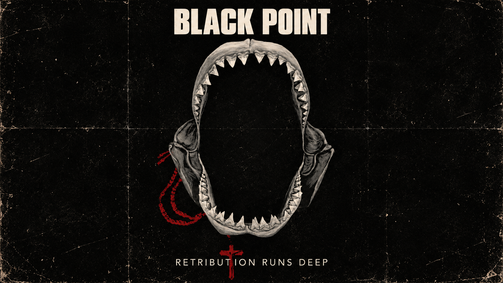 Vintage Black Point shark-jaw poster with ivory lettering on distressed black paper